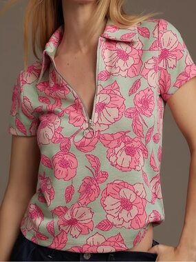 Anthropologie Maeve Short Sleeve Floral Jacquard Quarter Zip Pullover Top  M